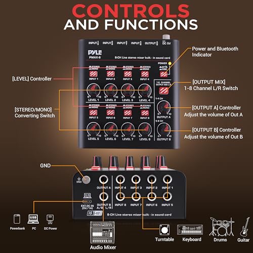 Pyle 8-Channel Bluetooth Mini Line Mixer with USB Audio Interface - 8 Mono/Stereo Switching Inputs | Ultra-low Noise Design with High Headroom | Built-in USB-C Sound Card - PMAX8 - size: 8 Channel