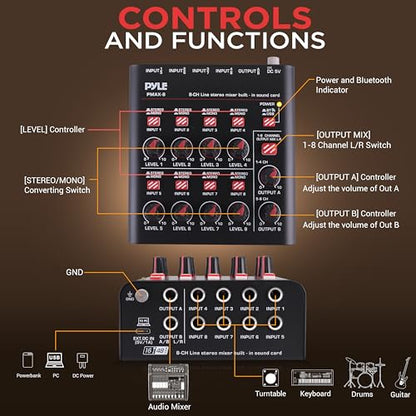 Pyle 8-Channel Bluetooth Mini Line Mixer with USB Audio Interface - 8 Mono/Stereo Switching Inputs | Ultra-low Noise Design with High Headroom | Built-in USB-C Sound Card - PMAX8 - size: 8 Channel