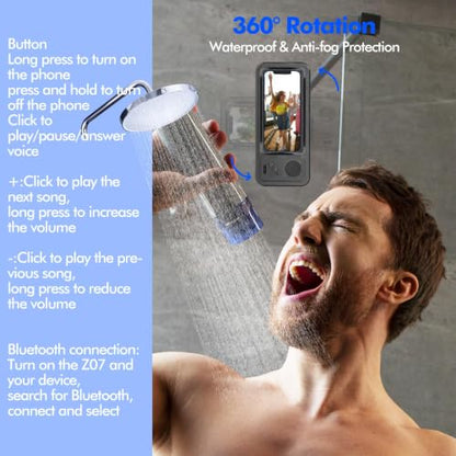 Shower Phone Holder with Wireless Bluetooth Speaker, Waterproof 480 Rotation Viewable Shower Phone Stand Case Mount Speakers for Bathroom Wall Mirro for 4"- 6.8" Cell Phones ,Gift for Mom(Black) - color: Black