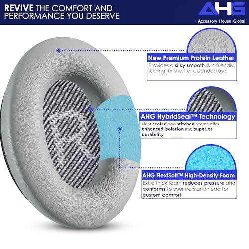 AHG Accessory House Global qc Replacement Ear Pads Cushions Compatible with Bose QuietComfort 35 II / QC35, QCSE, QCSC and QC45 Wireless Headphones (Gray) - Premium Material | Extra Thick | Durable - color: Gray