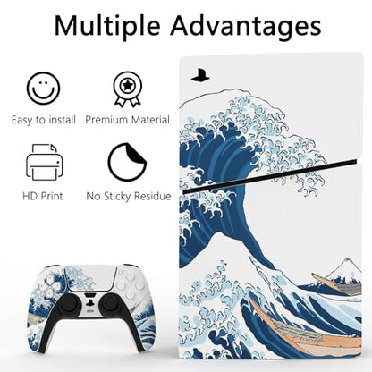 PlayVital Full Set Skin Sticker for ps5 Slim Console Disc Edition (The New Smaller Design), Vinyl Skin Decal Cover for ps5 Controller & Headset & Charging Station - The Great Wave Off Kanagawa - color: The Great Wave off Kanagawa