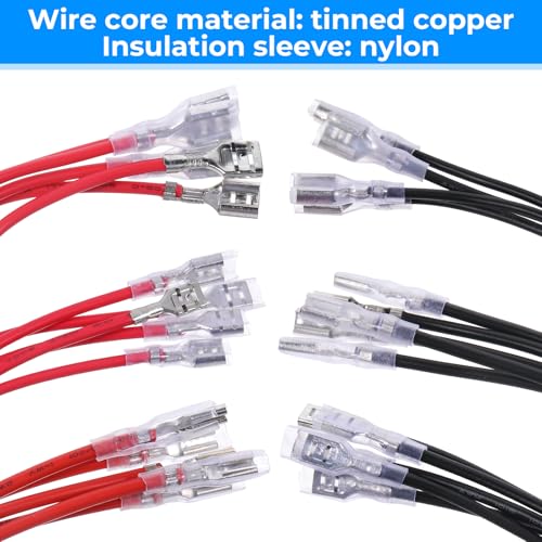 30Pcs 2.8mm 4.8mm and 6.3mm Female Spade Crimp Terminal with Insulating Sleeve and Wire, Red+Black Quick Splice Connector Kit for Speaker Wire, Crimp Terminal Assortment with 20cm Wires