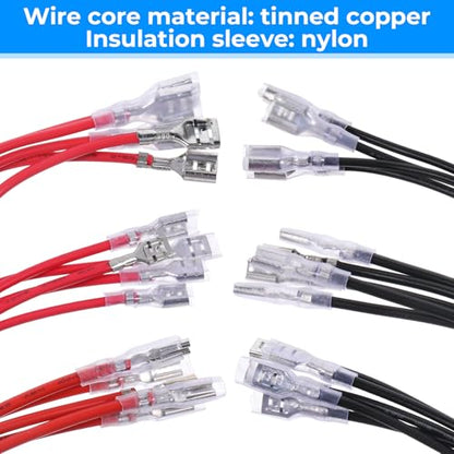 30Pcs 2.8mm 4.8mm and 6.3mm Female Spade Crimp Terminal with Insulating Sleeve and Wire, Red+Black Quick Splice Connector Kit for Speaker Wire, Crimp Terminal Assortment with 20cm Wires