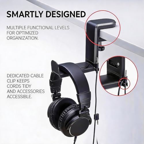 360° Rotating Headphone Hanger, Under Desk Headset Holder, Clamp‑On Headphone Stand for All Over‑Ear Headphones,Black - color: Black