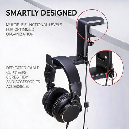 360° Rotating Headphone Hanger, Under Desk Headset Holder, Clamp‑On Headphone Stand for All Over‑Ear Headphones,Black - color: Black