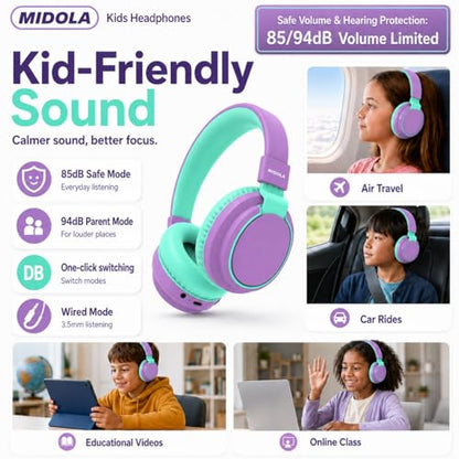 Kids Bluetooth Headphones Wireless 68 Hours,Safe Volume Limit 85/94dB | Adjustable Headband Foldable Over-Ear Lightweight Headsets for Toddler Girls Boys Tablet/iPad,HD Stereo,Built-in Mic,Purple - color: Purple