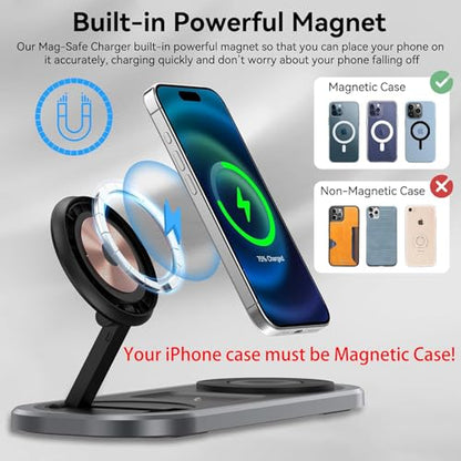 3 in 1 Fast Wireless Charger Stand for iPhone, Foldable Travel Charging Station for Magsafe for iPhone 17/Air/16/15/14/13/12 Series, Apple Watch Serie, AirPods pro/2/3/4, 2025 Christ mas Gifts (Black) - color: Black