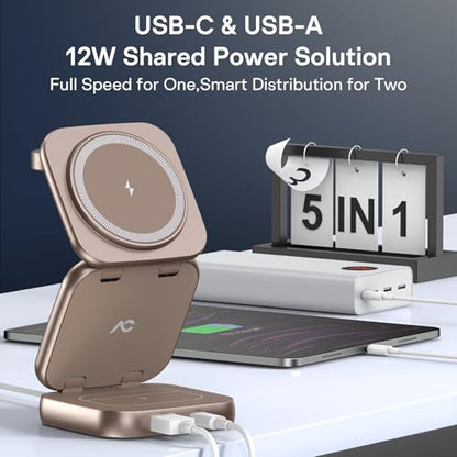 5-in-1 Wireless Charger for MagSafe, AC ISLAND Portable Travel Charging Station, 35W Max Qi2 Fast Foldable Magnetic Stand, Evolved for iPhone 17-12 Series, Apple Watch, AirPods (with 35W Adapter) - color: Gold