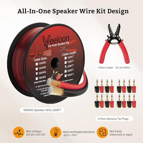 16AWG Speaker Wire 200 FT, 16/2 Gauge Audio Speaker Wire Kits with Cable Cutter Banana Plugs Tool, Polarity Marker, 2 Conductors Zipper Wire for Car Speakers Stereo, Home Theater, Surround Sound,CCA - size: 200 FT, style: 16 AWG