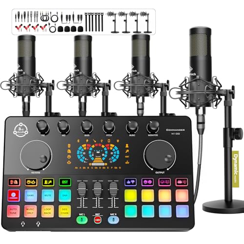 M100 Podcast Equipment Bundle for 4, Audio Interface with 4 Dynamic Mics