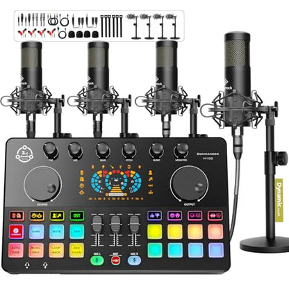 M100 Podcast Equipment Bundle for 4, Audio Interface with 4 Dynamic Mics