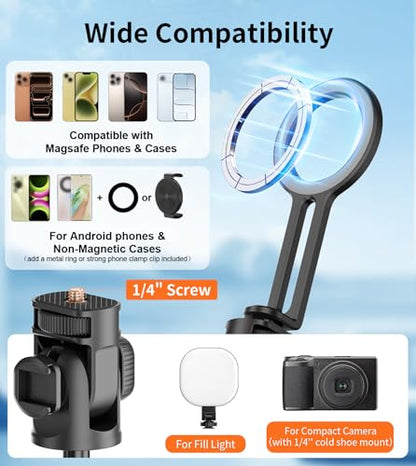 69" Magnetic Phone Tripod Stand Selfie Stick with Remote & Phone Mount | Portable Stand holder Rechargeable with Tripod Leg，360°Rotatable Travel Tripod Compatible for iPhone/Android/Magsafe