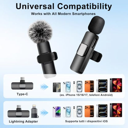 Wireless Lavalier Microphone for iPhone, iPad & Android Phone | Mini Lapel Mic with AI Noise Reduction for Video Recording Vlogging TikTok YouTube, Plug & Play Clip-on,for Content Creators