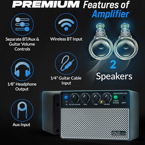 Rechargeable Wireless BT Mini Bass Guitar Amplifier 10 Watt Practice Amp 10,000Ah Battery, BT or Aux Input, Headphone Out, Clean, Gain, Tone & Volume Knobs, Dual Full Frequency Speakers