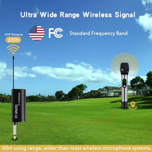 Rechargeable Wireless UHF Handheld Microphone, 200ft Dynamic Mic System | Aluminum alloy body, 6-hour runtime, 2-hour charging, 3.5mm & 6.35mm outputs, ideal for karaoke, weddings, speeches