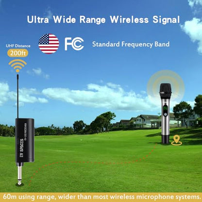 Rechargeable Wireless UHF Handheld Microphone, 200ft Dynamic Mic System | Aluminum alloy body, 6-hour runtime, 2-hour charging, 3.5mm & 6.35mm outputs, ideal for karaoke, weddings, speeches