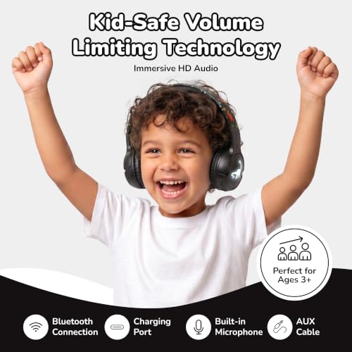 Kids Safe Wireless Light Up Headphones, Foldable Tangle-Free 3.5mm Jack, Volume Limiting 85/94dB, Over-Ear with Microphone for School/Toddlers/Teens/Boys/Girls/Ipad/Tablet/Kindle/Phones/Travel/Plane - color: Black