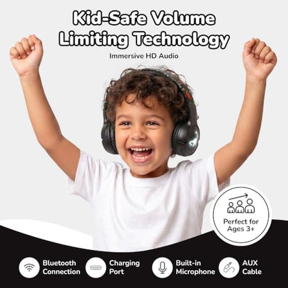 Kids Safe Wireless Light Up Headphones, Foldable Tangle-Free 3.5mm Jack, Volume Limiting 85/94dB, Over-Ear with Microphone for School/Toddlers/Teens/Boys/Girls/Ipad/Tablet/Kindle/Phones/Travel/Plane - color: Black