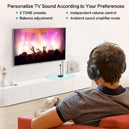 SIMOLIO Wireless TV Headphones for Seniors Hard of Hearing Bluetooth for PC | Clear Voice & Loud Volume, OPT/AUX Passthrough to Soundbar, L/R Audio Balance, Ambient Mode, Battery & Earpads Replaceable - style: One Headset