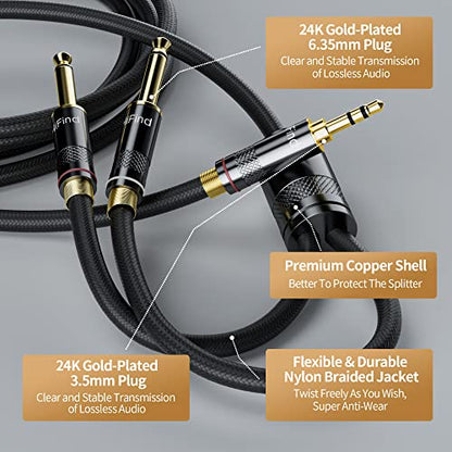 HiFind 3.5mm to Dual 6.35mm Stereo Audio Cable 10 Ft (Real Hi-Fi Sound-Silver Plated Copper-Spring SR) 3.5 mm 1/8" TRS Male to 2 X 6.35 mm 1/4 TS Male Bidirectional Cable for Guitar,Theater,Speaker - size: 10FT, style: 1/8 to Dual 1/4
