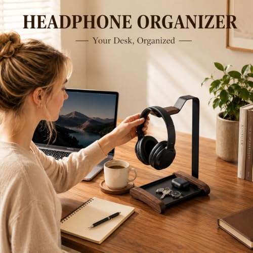 Headphone Stand for Desk with Storage Tray, Walnut Wood Headset Holder and Desktop Organizer for Headphones, Keys, Watches & Accessories, Home Office and Gaming Setup