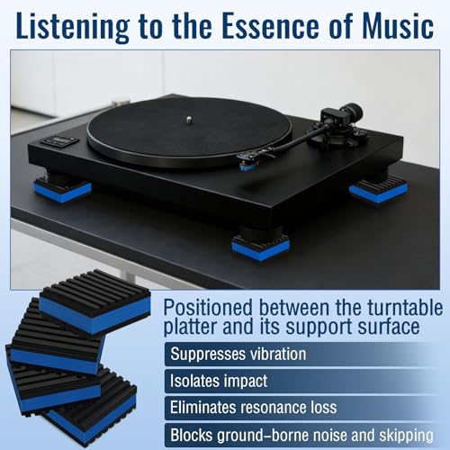 4 Pack Sound Isolation Pads 2 x 2 x 7/8 inches Designed for Turntables | Damping Mats with Textured Rubber & EVA Core Layer, Reduce Vibration and Skipping While Enhancing Musical Clarity