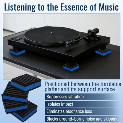 4 Pack Sound Isolation Pads 2 x 2 x 7/8 inches Designed for Turntables | Damping Mats with Textured Rubber & EVA Core Layer, Reduce Vibration and Skipping While Enhancing Musical Clarity