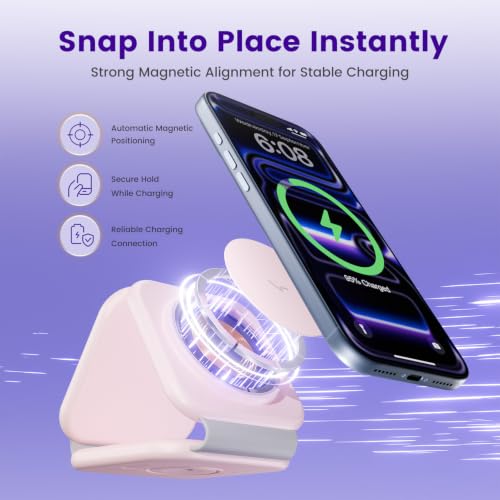 15W Magnetic Travel Charging Station, 3-in-1 Foldable MagSafe Charger | Wireless Charger for Apple Multiple Devices - iPhone Air 17 16 15 14 13 14 Pro Max, Watch & AirPods - Blush Pink - color: Blush Pink
