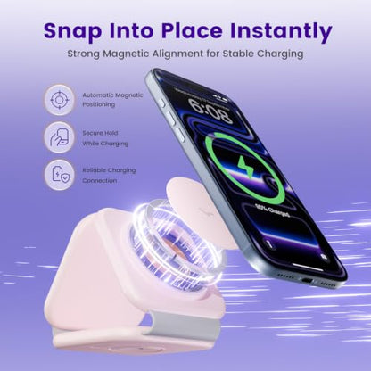 15W Magnetic Travel Charging Station, 3-in-1 Foldable MagSafe Charger | Wireless Charger for Apple Multiple Devices - iPhone Air 17 16 15 14 13 14 Pro Max, Watch & AirPods - Blush Pink - color: Blush Pink