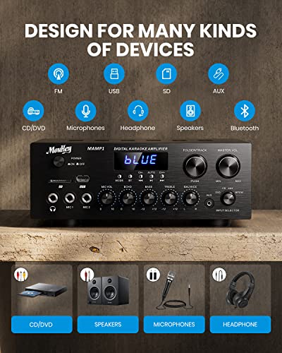 Moukey Stereo Receivers with Bluetooth 5.0, 2.0 Channel Power Audio Amplifier Stereo System w/USB, SD, AUX, RCA, MIC in w/Echo, LED for Karaoke, Home Theater Speakers, 400W Peak, 25W× 2 RMS- MAMP1 - size: 400W Peak, 25W× 2 RMS
