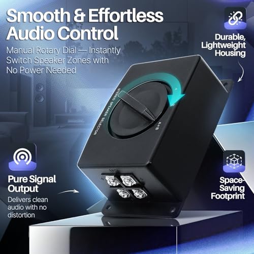 TNP 2-Way Speaker Selector Switch Box, A/B/A+B Stereo Speaker Splitter | Speaker Wire Switch for 2 Passive Speaker Pairs with Screw-Down Terminals; No External Power Required