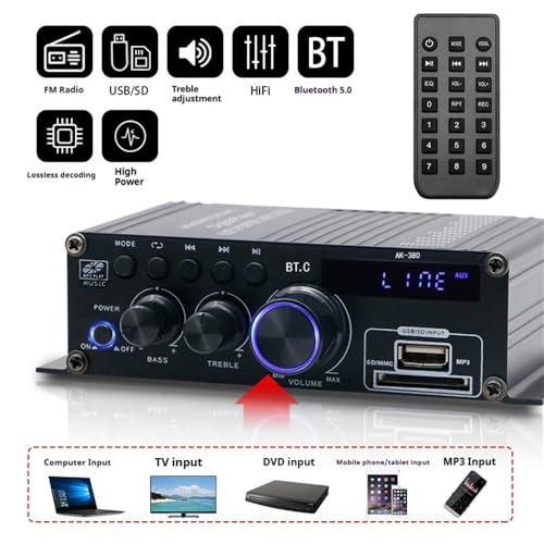AK-380 블루투스 5.0 홈 오디오 앰프, 최대 400W+400W 2.0CH HiFi 스테레오, 12V 5A 전원 공급 장치, USB SD BT.C FM AUX 포함 무선 수신기, 자동차 홈 바 차고용