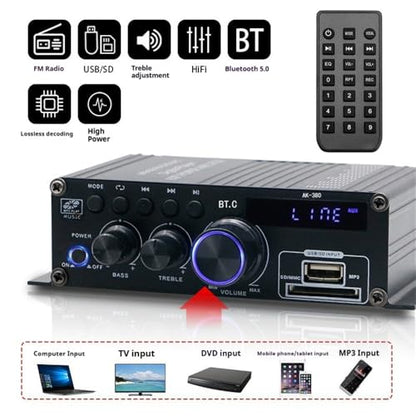 AK-380 블루투스 5.0 홈 오디오 앰프, 최대 400W+400W 2.0CH HiFi 스테레오, 12V 5A 전원 공급 장치, USB SD BT.C FM AUX 포함 무선 수신기, 자동차 홈 바 차고용