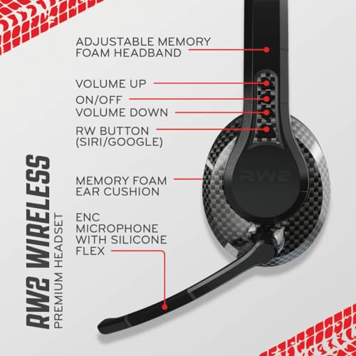 RoadWarrior RW2 Bluetooth Trucker Headset – 40mm Driver ENC Mic | Battery Indicator, 30+ Hour Battery Life, 100ft Wireless Range, IP54 Rated, Noise Cancelling Microphone, Over-Ear Fit