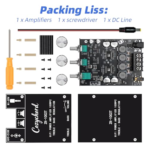 ZK-1002T Bluetooth 5.0 Stereo Amplifier Board, 200W HiFi 2.0 Channel Mini Audio Amp Module with Treble & Bass Control, AUX Input, DC 12V-24V for DIY Speakers,Home Audio - color: ZK-1002T