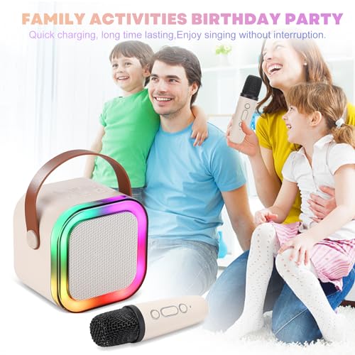 Mini Karaoke Machine, Portable Bluetooth Karaoke Speaker with 2 Wireless Microphones and Light for Family Home Party,Toys for Girls Boys Friends Age 3-12+ Kids and Adults Birthday Gifts. (Beige) - color: white