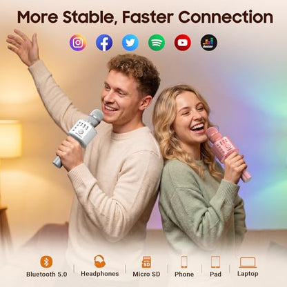 BONAOK Wireless Bluetooth Karaoke Microphone,3-in-1 Portable Handheld Mic Speaker for All Smartphones,Gifts for Kids Adults All Age Q37(Silver) - color: Silver