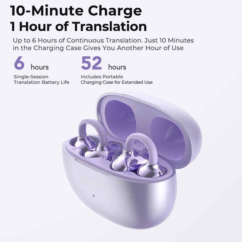 NE55 AI Translation Earbuds Real-Time, 135+ Languages Translator, Open Ear Wireless Bluetooth 6.0 Clip on Earbuds, Waterproof Open Ear Headphones with 52H Playtime, for Travel Work Meeting (Grey) - color: Grey