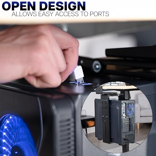 VIVO Adjustable Clamp-On Desk 3.5” to 7.8” Wide Office PC Mount, Computer Case CPU Holder with Swivel Action and Secure Locking, Black, MOUNT-PCC1S