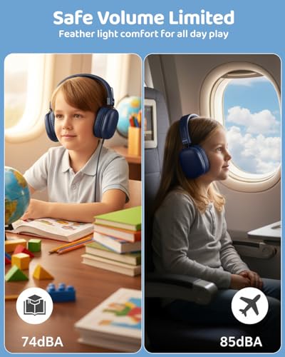 awatrue Kids Over-Ear Bluetooth Headphones, 85dBA Safe Volume, Navy Blue | Built-in Microphone, Bluetooth 5.4, Foldable, 50H Playtime, USB-C Charging - color: NavyBlue