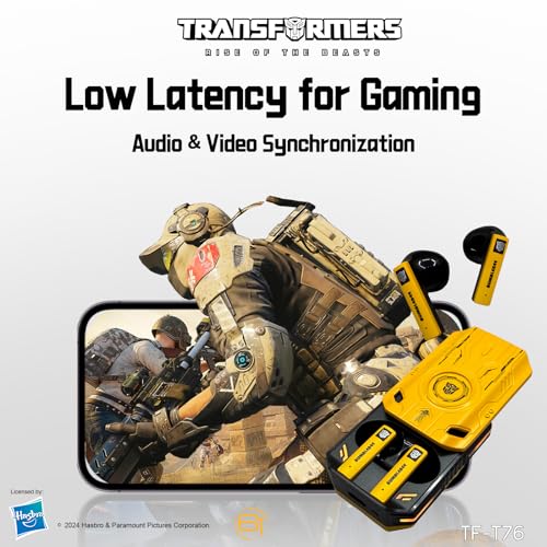 Transformers Earbuds T76, Bluetooth 6.0 Wireless Gaming Earbuds with Mic, Low Latency in Ear Earbuds, 13mm Drivers, HD Calling, 40H Playtime, Zinc Alloy Case (Bumblebee Yellow) - color: Bumblebee Yellow