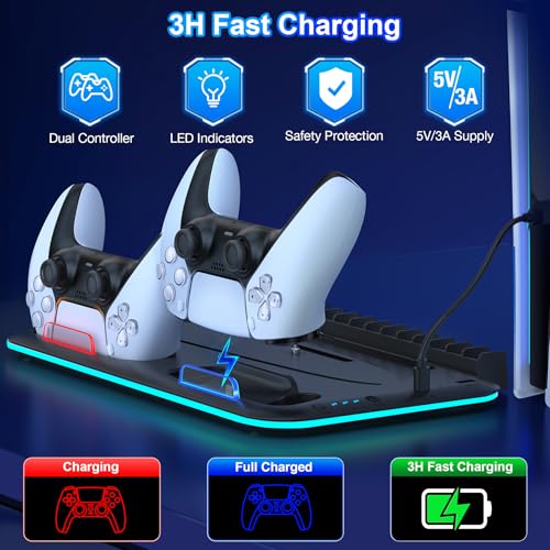 Kawaye PS5/Slim/Pro Stand and Cooling Station for PlayStation 5 Consoles, PS5/Pro/Slim Accessories with 3-Level Cooler Fan, PS5 Controller Charger, Cooling Satnd, Headset Holder, 15 Game Slots, Black