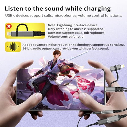3.5mm to USB C Adapter(2in2) for iPhone 17 16 15 14 13 Lightning to Aux Audio Headphone Jack Cable Splitter Dongle Charger Cord Car Charging for Ipad Dual Lighting DAC Compatible for Samsung