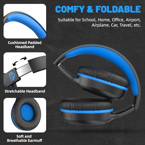 UKELALA U2B ANC Wired & Wireless Bluetooth 6.0 Headphones Foldable with Mic | Up to 30 Hrs Battery, Noise Canceling Foldable Lightweight Head phones with Volume Control‌ for Kids Adult School Black Blue - color: Blue/Black