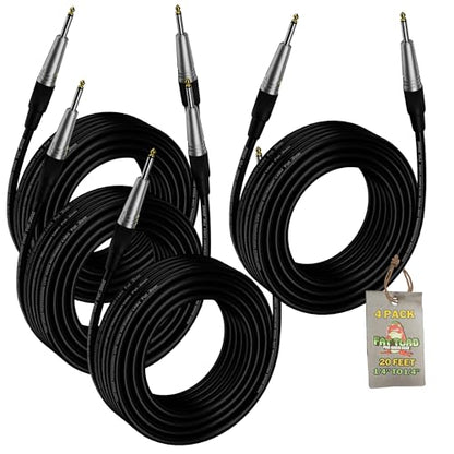 Fat Toad 20ft Guitar Cables (ShieldedPRO X Series) 4-Pack – 1/4" Straight-End Instrument Cords with 24 AWG Wire for Bass, Amps, DJ, Studio & Keyboard Use - size: 4-Pack