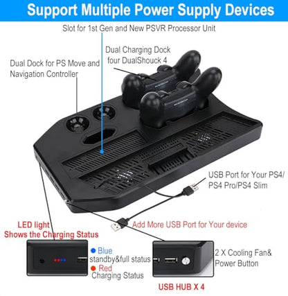 PSVR Stand Compatible with PS4 VR - PS4/Slim/Pro Cooling Station and Charging Dock for Playstation VR Stand to Charge PS VR Controllers and Accessories Multipurpose PS Charging Stantion Storage