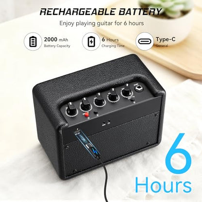 10W*1 Mini Guitar Amplifier, Electric Guitar Amp with Clean/Drive Channel, 6H Working, 3.5mm Headphone/AUX Jack, USB-C Rechargeable, Wireless Portable Amp for Indoor Practice, Traveling