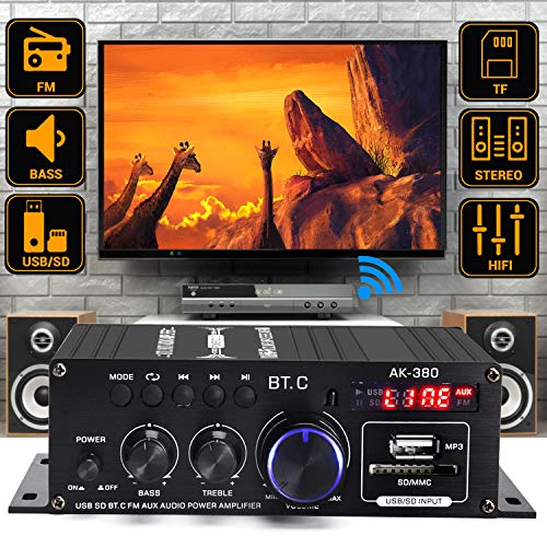 AK-380 Bluetooth 5.0 Home Audio Amplifier for Car Home Bar Garage | Max 400W+400W 2.0CH HiFi Stereo With 12V 5A Power Supply, Wireless Receiver With USB SD BT.C FM AUX - style: MAX 350Wx2