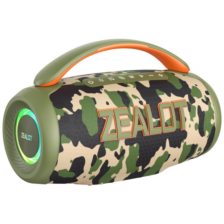 ZEALOT Portable Bluetooth Speaker, 80W Peak Waterproof Loud Booming Sound Speakers, Dual Pairing, XBass, 20H Playtime, Outdoor Speaker with Handle for Camping, Beach, Party, Backyard (CAMO)