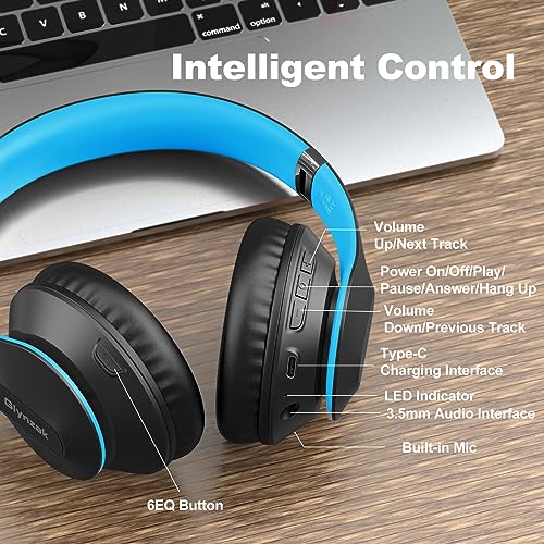Wireless Bluetooth Headphones Over Ear V6.0 HiFi Stereo with Mic | 65H Playtime 6EQ Modes Foldable Bluetooth Headset with Microphone for Travel Smartphone Computer Laptop Blue - color: Blue
